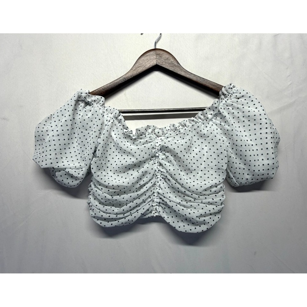 HYFVE Crop Top Womens S White Black Polka Dot Ruched Off The Shoulder Back Zip